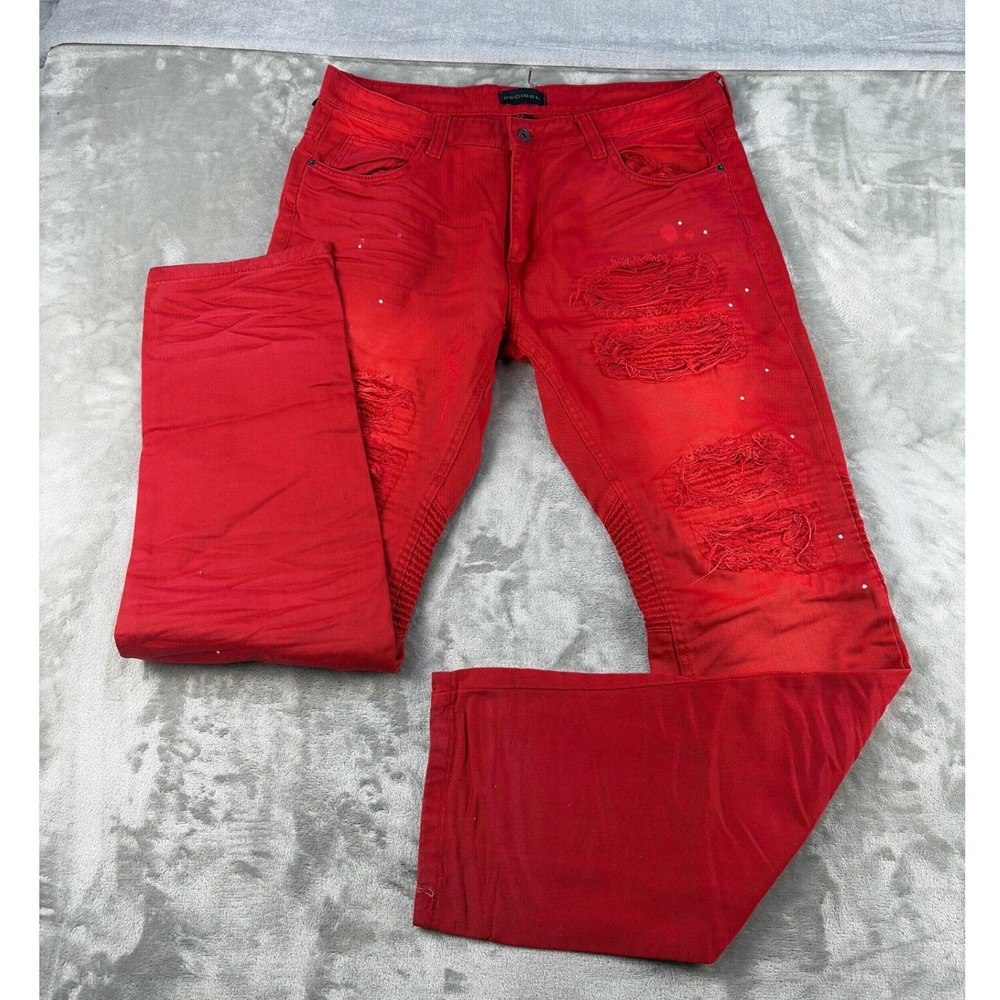 Decibel Jeans Mens 36x34 Moto Biker Red Distressed Paint Splatter NEW